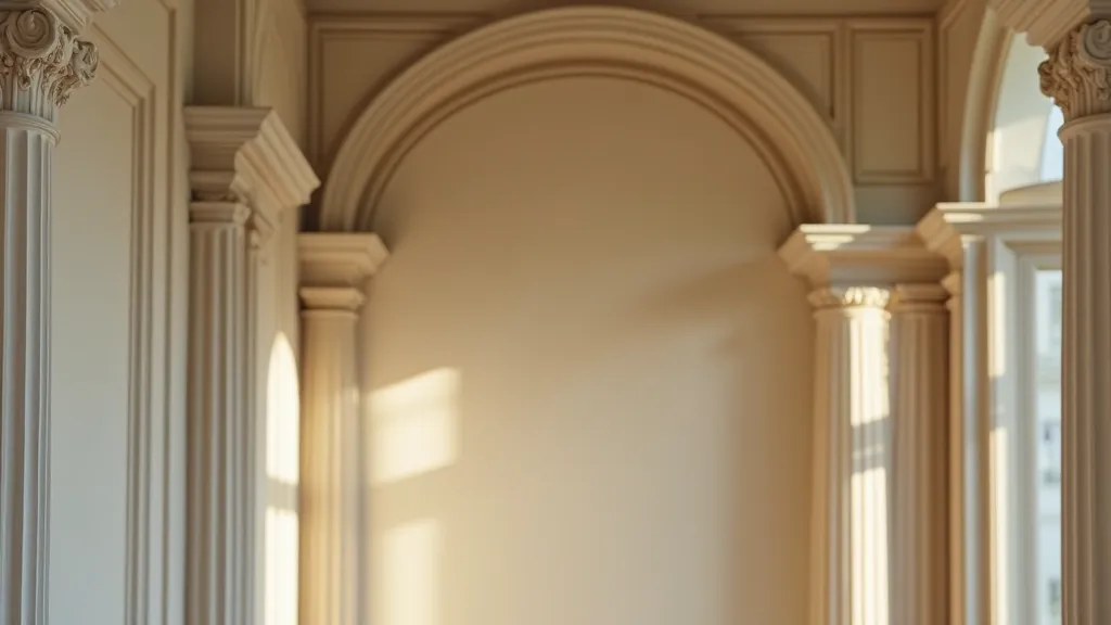 Detalūs dvaro architektūriniai elementai — piliastrai, frontonas ir dekoratyviniai modiniai reliefai