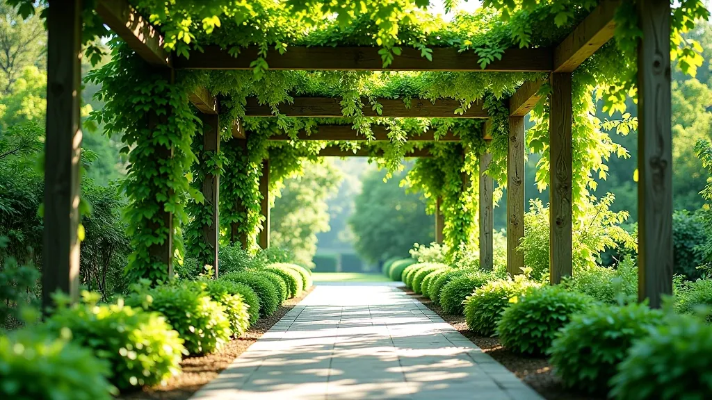 Pergola su žaliomis augalų šešėlio spalvomis saulėje