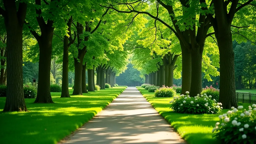 Vasara parke — žali medžiai ir gėlės saulėje