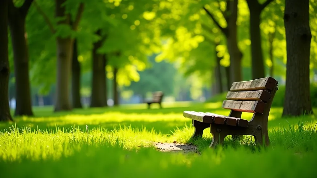 Mediniai parkų suoliukai apsuptyti žalios vegetacijos ir šešėlio